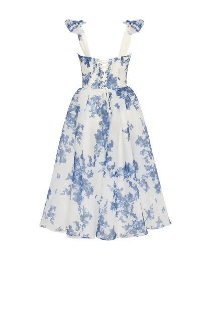 Damen-Midi-Kleid, Organza, mit Hortensienmuster leichtes und luftiges, eleganter Stil-5