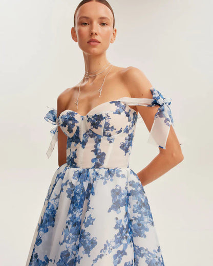 Damen-Midi-Kleid, Organza, mit Hortensienmuster leichtes und luftiges, eleganter Stil-3