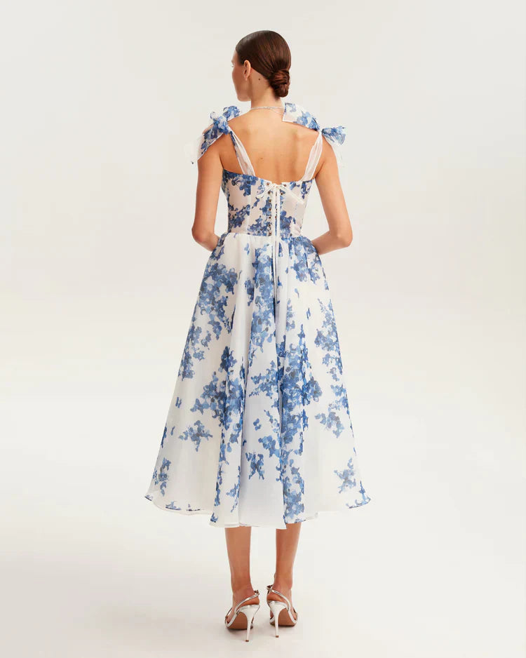 Damen-Midi-Kleid, Organza, mit Hortensienmuster leichtes und luftiges, eleganter Stil-2