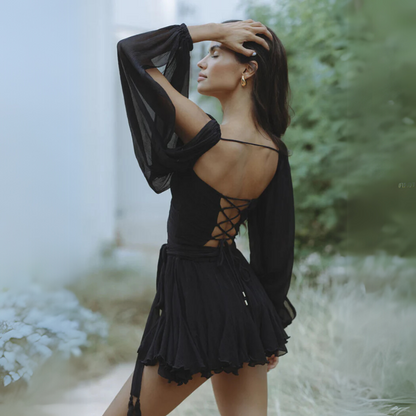 Damen-schwarzes Minikleid, drapierter Chiffon-2