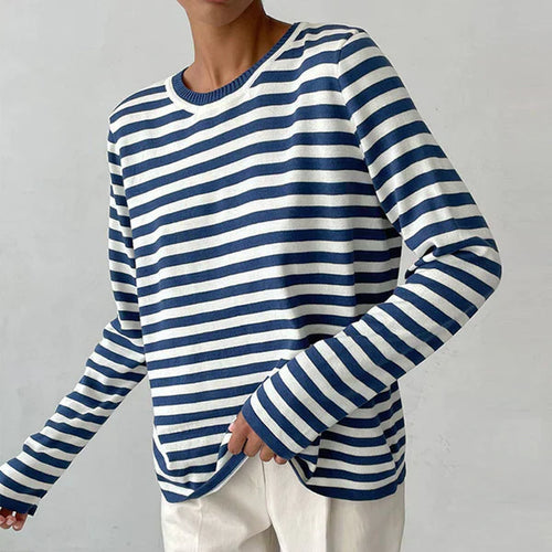 Damen-T-Shirt, gestreifte Baumwolle, lässige Passform-1