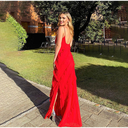 Maxikleid Damen mit Rüschen Lang Polyester-5