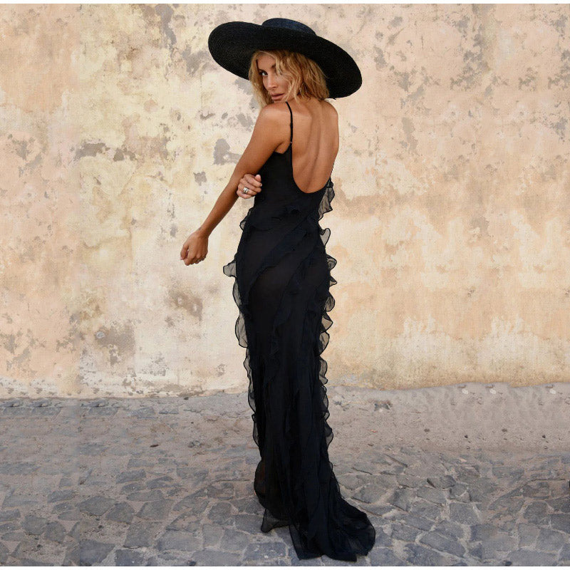 Maxikleid Damen mit Rüschen Lang Polyester-3
