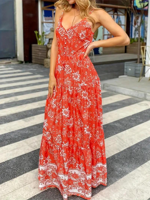 Maxikleid Damen Blumenmuster Boho Stil Polyester für Sommer-1