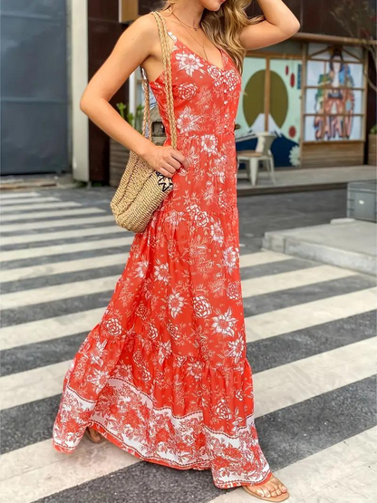 Maxikleid Damen Blumenmuster Boho Stil Polyester für Sommer-3