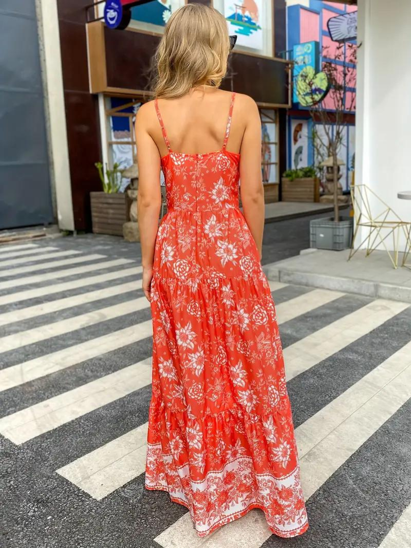 Maxikleid Damen Blumenmuster Boho Stil Polyester für Sommer-4