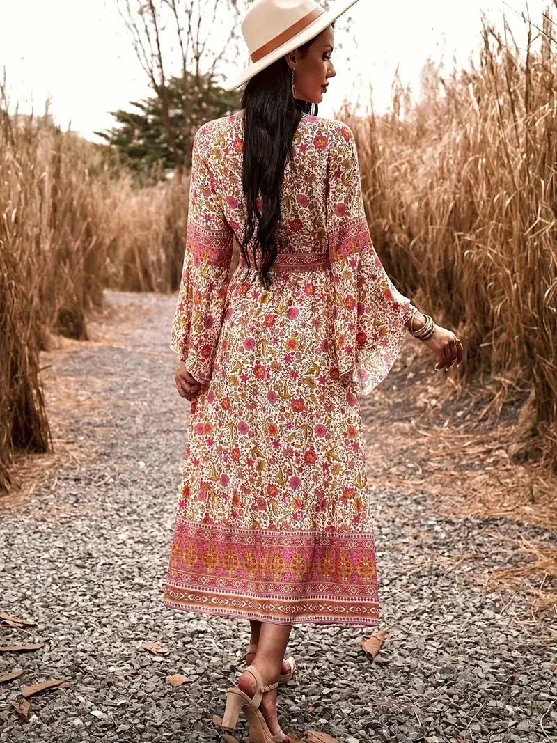 Damen-Maxikleid, geblümt langarm Viskose, Boho-2