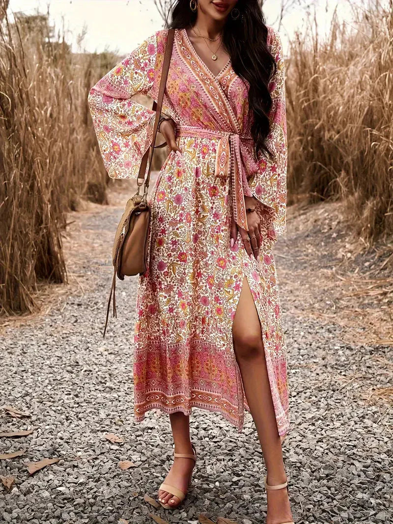 Damen-Maxikleid, geblümt langarm Viskose, Boho-3