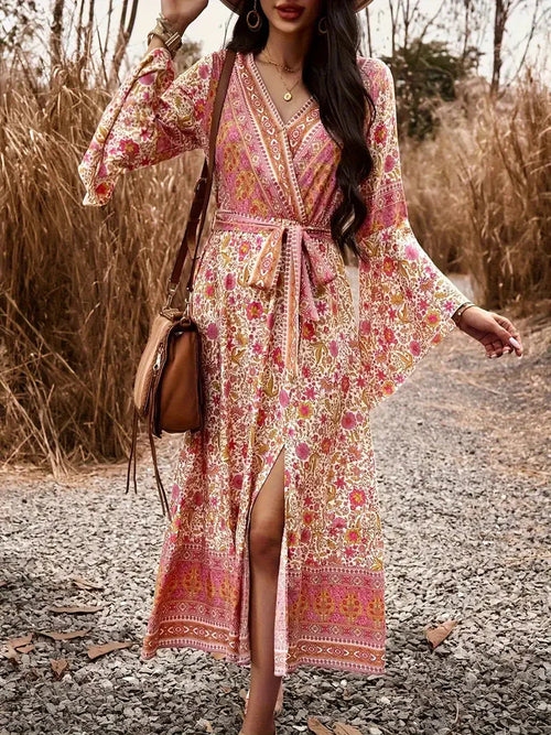 Damen-Maxikleid, geblümt langarm Viskose, Boho-1