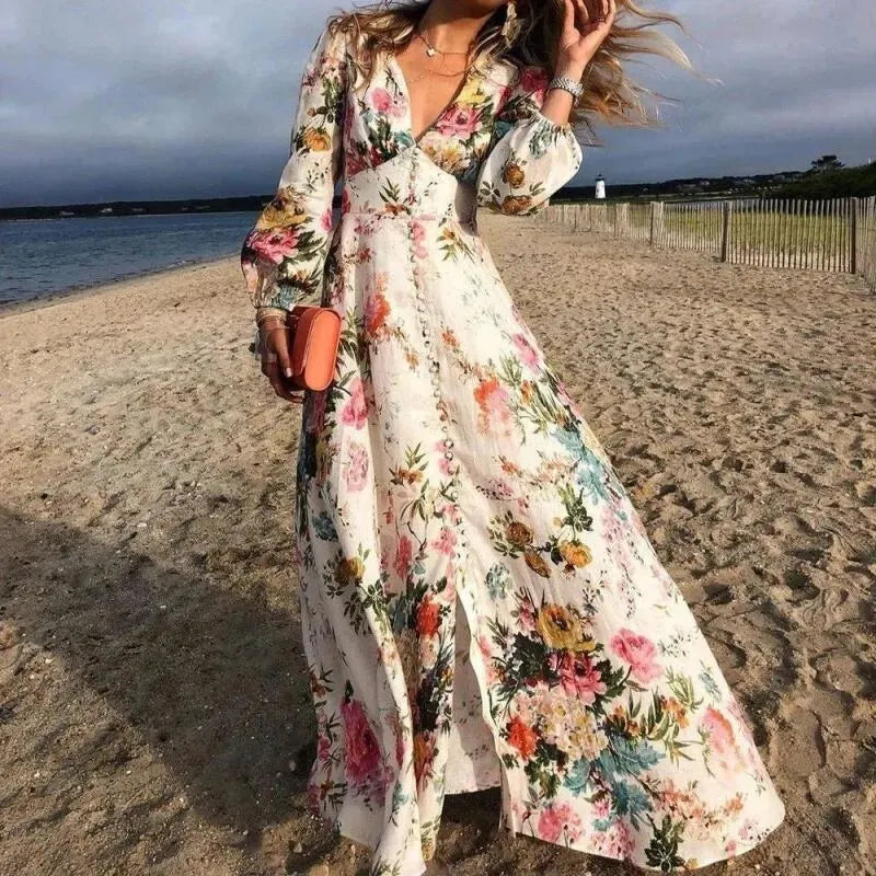 Damen-langärmeliges Kleid, geblümter Chiffon-2