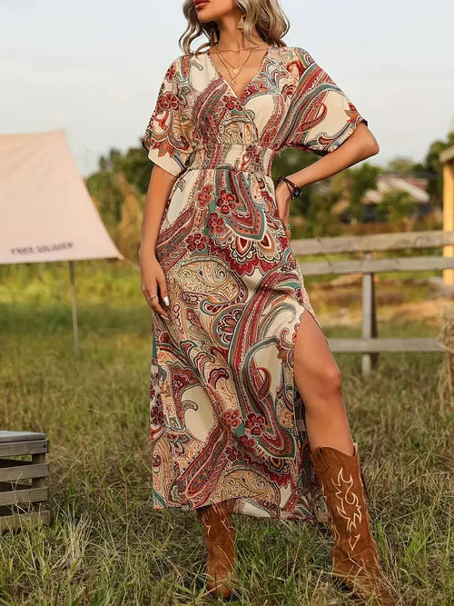 Maxikleid Damen Boho Paisley Lang Polyester für Sommer-1