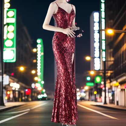 Damen Abendkleid Pailletten und Perlen Polyester Elegant-4
