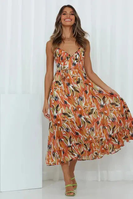 Damen-Sommerkleid, Boho, V-Ausschnitt, Polyester, Spaghettiträger-6
