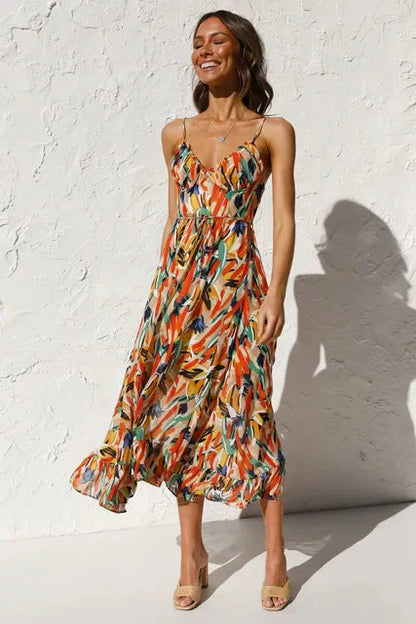 Damen-Sommerkleid, Boho, V-Ausschnitt, Polyester, Spaghettiträger-1