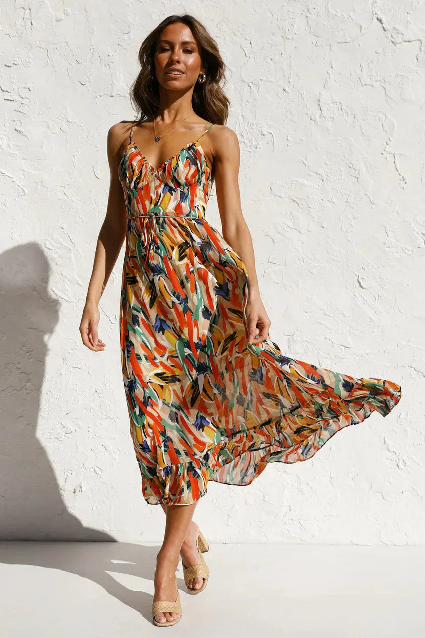 Damen-Sommerkleid, Boho, V-Ausschnitt, Polyester, Spaghettiträger-2