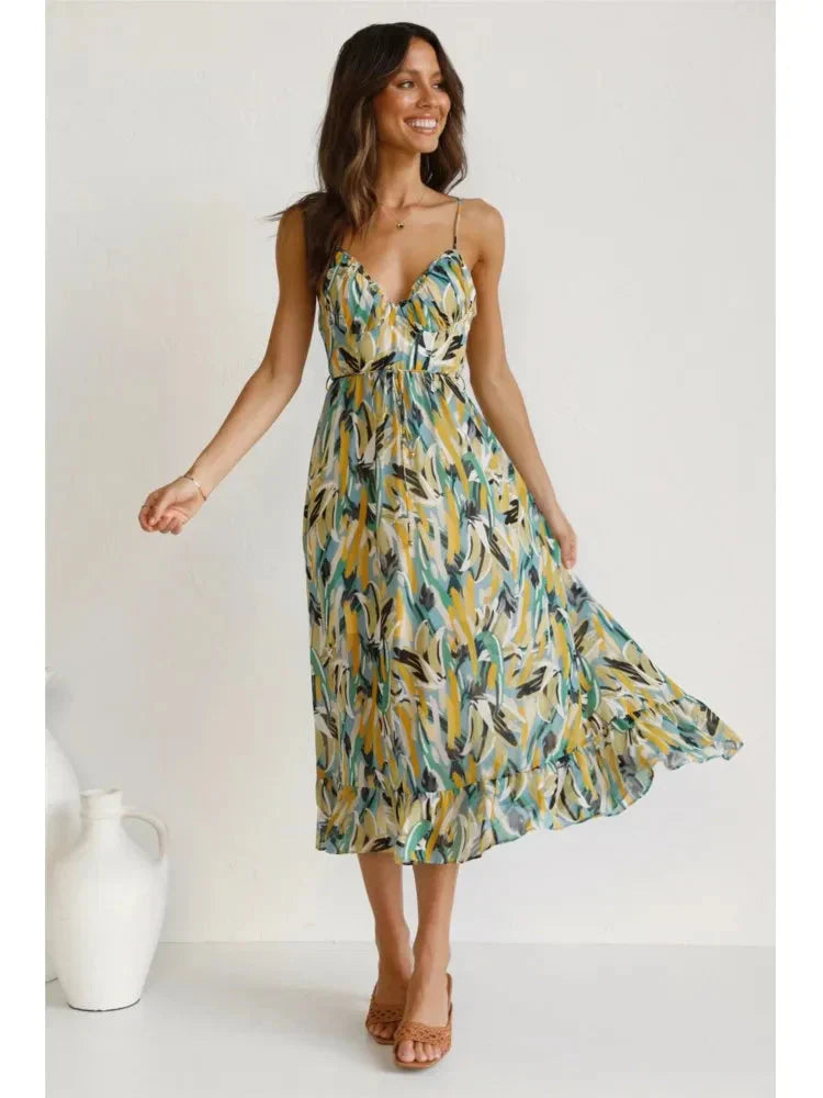 Damen-Sommerkleid, Boho, V-Ausschnitt, Polyester, Spaghettiträger-3