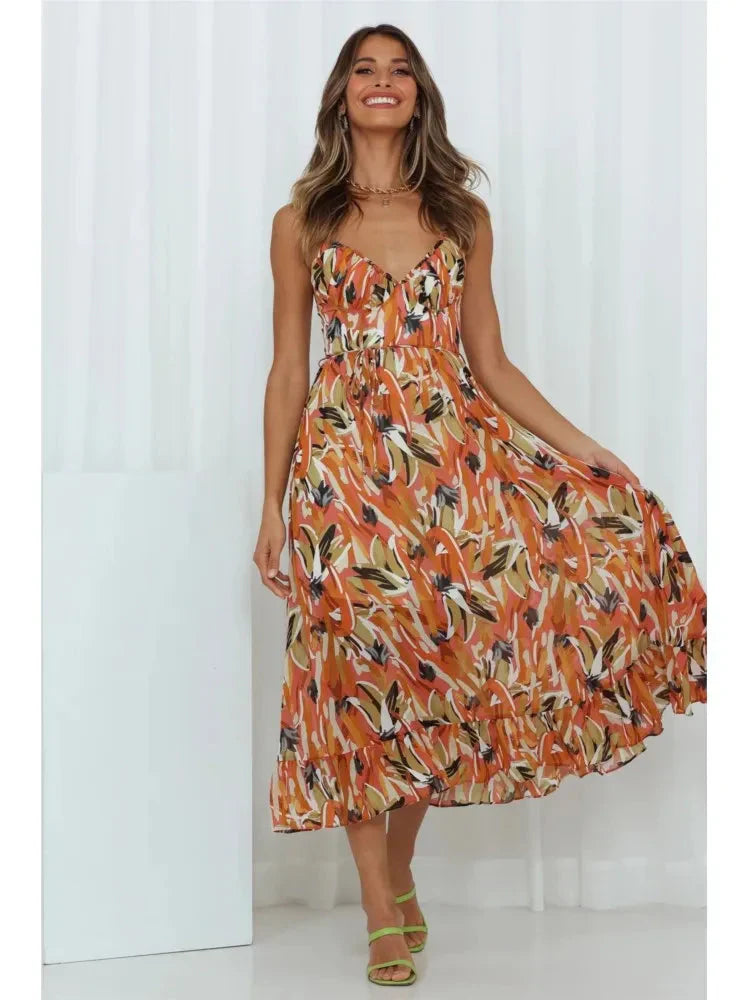 Damen-Sommerkleid, Boho, V-Ausschnitt, Polyester, Spaghettiträger-4