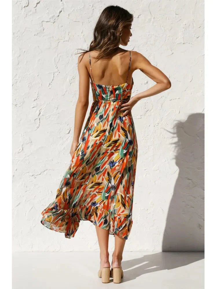 Damen-Sommerkleid, Boho, V-Ausschnitt, Polyester, Spaghettiträger-5