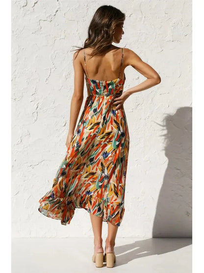 Damen-Sommerkleid, Boho, V-Ausschnitt, Polyester, Spaghettiträger-5
