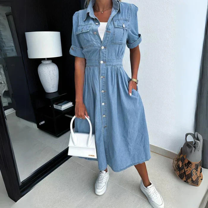 Damen-Jeanskleid im langen Design aus 100% Baumwolle-2