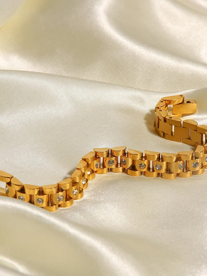 Damen-Armband, Gold, weit, mit Zirkonia, elegantes Design-4