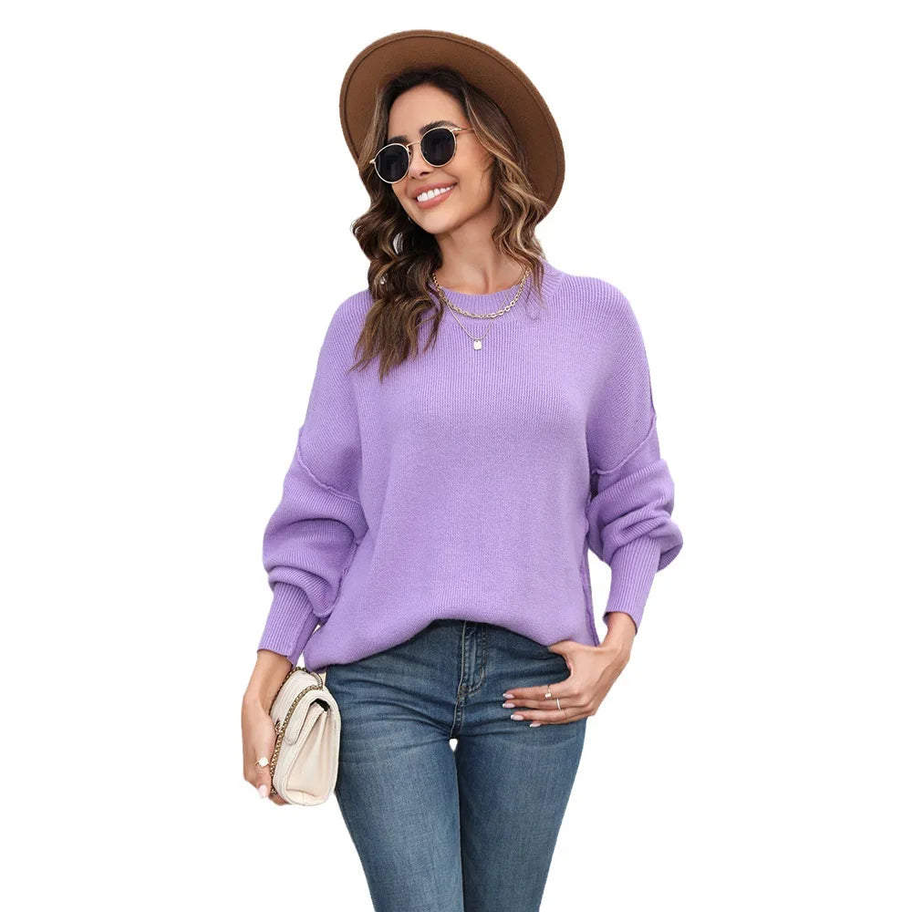 Damen-Strickpullover, lässiger O-Ausschnitt, weich, langer Ärmel-5
