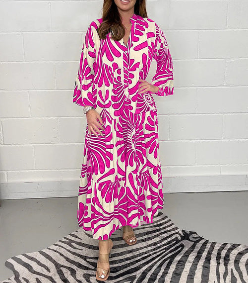 Maxikleid Damen Retro V-Ausschnitt Polyester Geblümt Muster 1