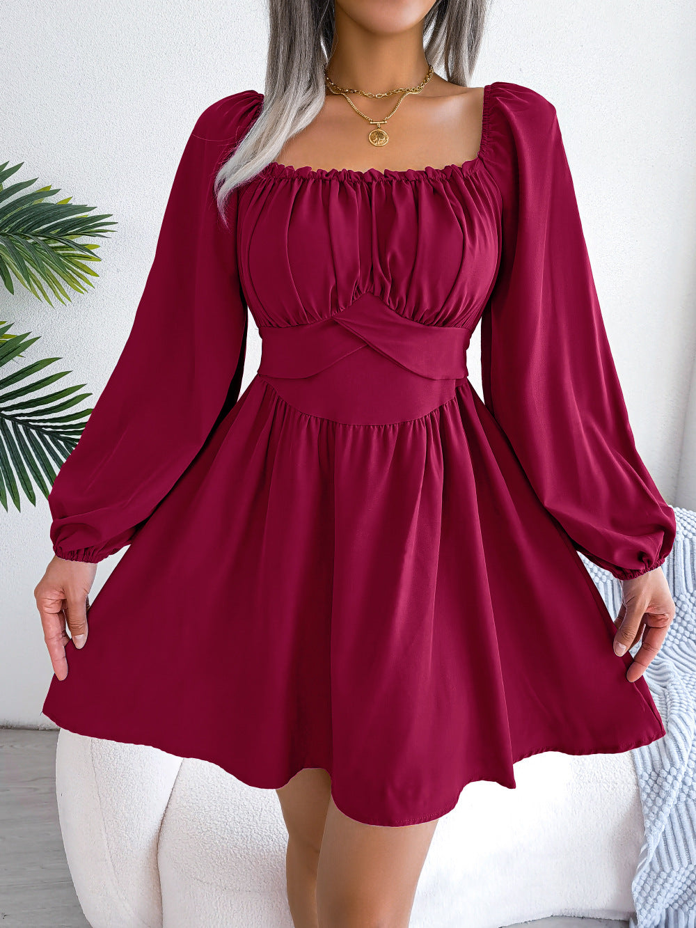Damen A-Linien Kleid Geraffte Details Chiffon Kurz-6