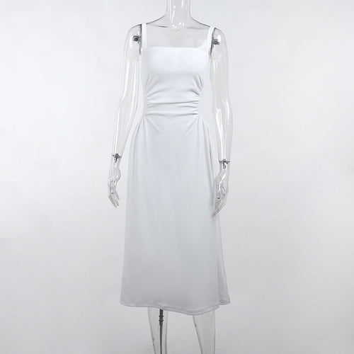 Schwarzes Midikleid für Damen mit Spaghettiträgern, figurbetonter Silhouette und elastischer Struktur – elegantes Midikleid für Alltag und Feiern 1