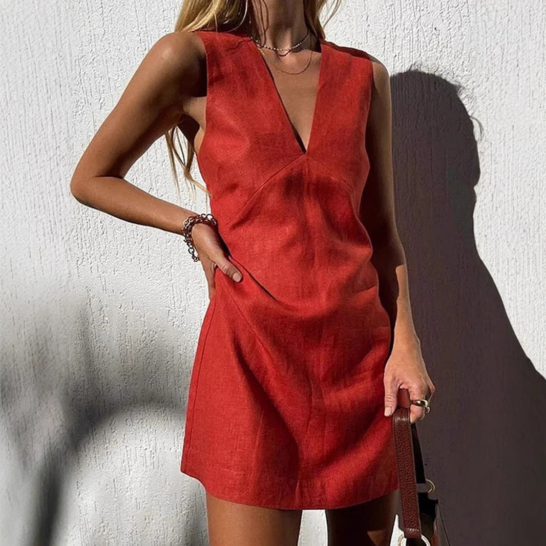 Damen-Kleid A-Linienform V-Ausschnitt aus Baumwolle-2
