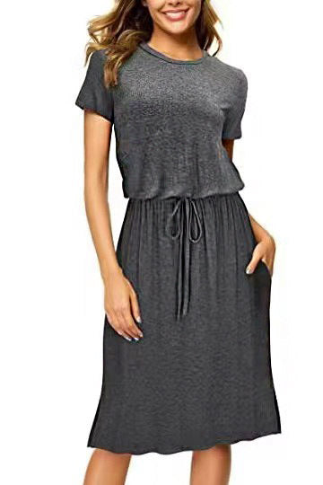 Schöne Damenkleider, Midi, Patchwork, Polyester, Rundhalsausschnitt, kurzen Ärmeln-1