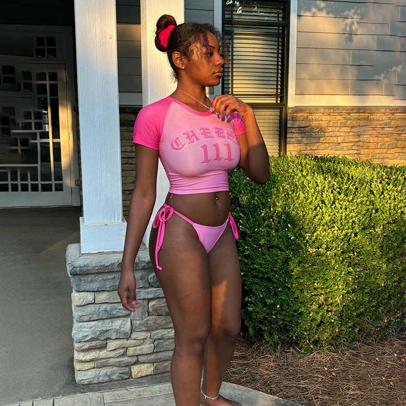 Damen-Sportbikini, kurzärmeliges Top, schnelltrocknendes Material, verstellbare Seitenbänder 2