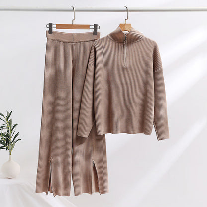 Damen-Set: locker gestrickter Pullover, geteilte Hose, Spandex-5