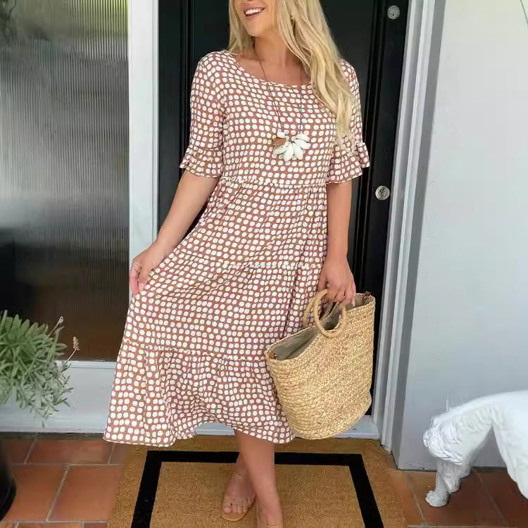 Schöne Damenkleider mit rundem Ausschnitt und kurzen Ärmeln, Polyester, elegantes Design-2