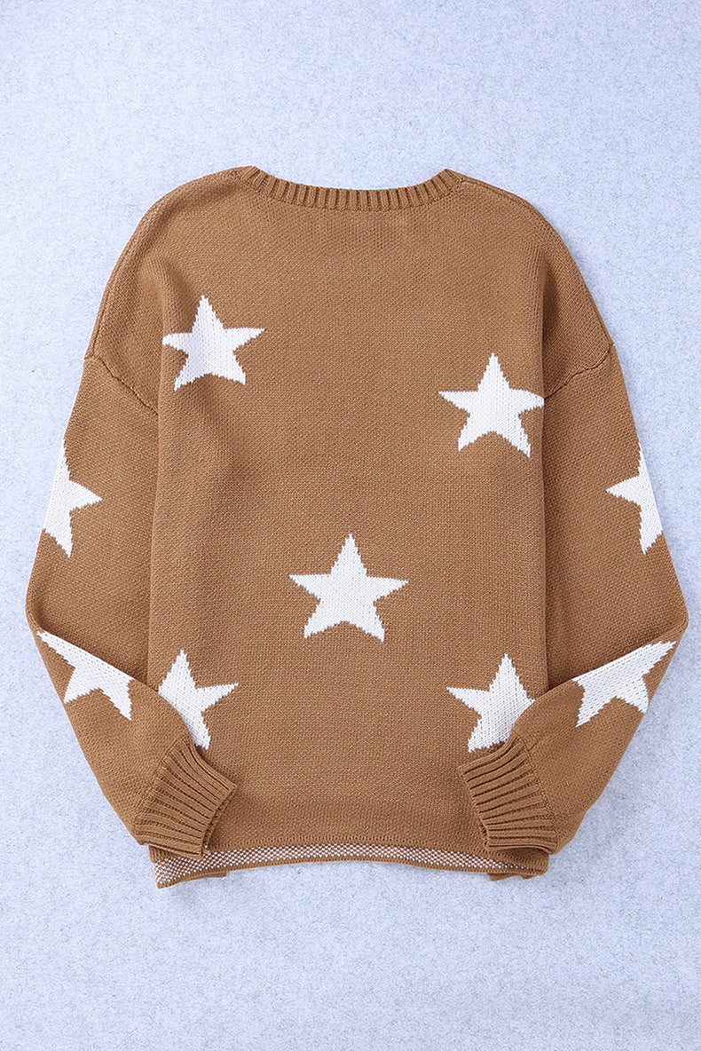 Damenpullover mit Laternenärmeln aus weichem Polyester und Sternmuster – trendiges Langarm-Top für Alltag und festliche Anlässe 6