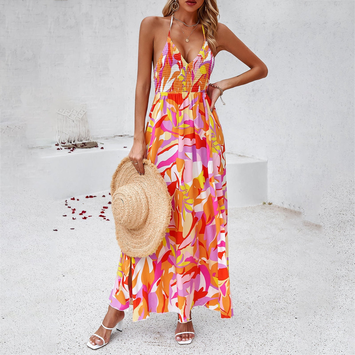 Damen-Kleid Geblümt Halterneck Lang Rayon 1