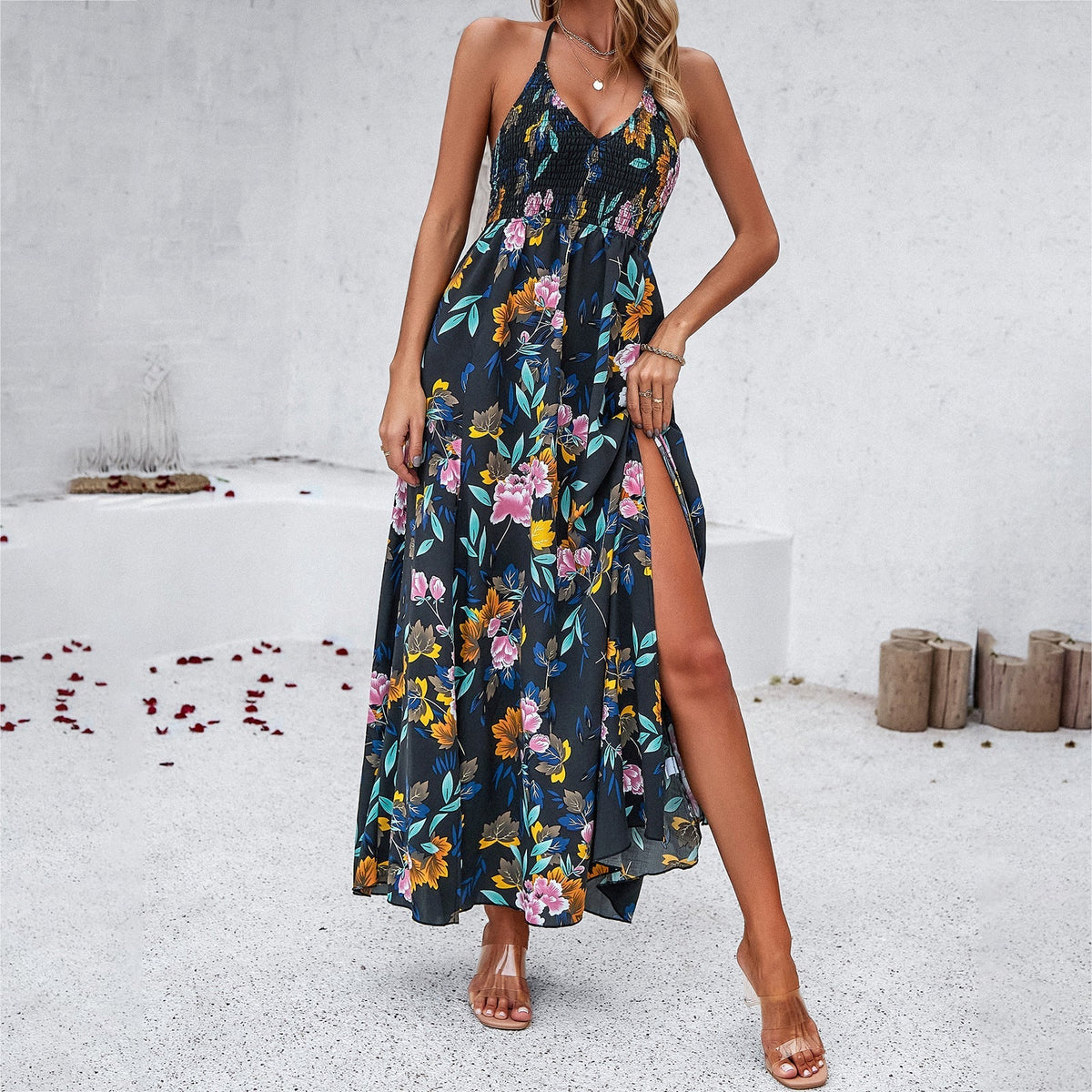 Damen-Kleid Geblümt Halterneck Lang Rayon 3