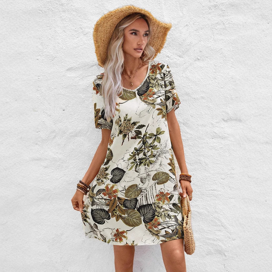 Damen-A-Linienkleid mit Blumendruck und V-Ausschnitt aus Polyester-3