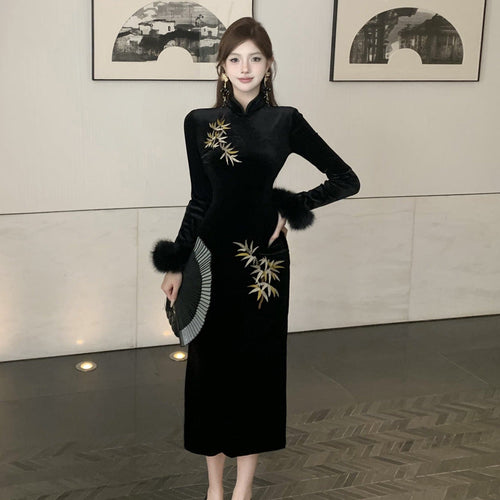 Damenkleid Qipao Langärmlig Bestickt Samt-1