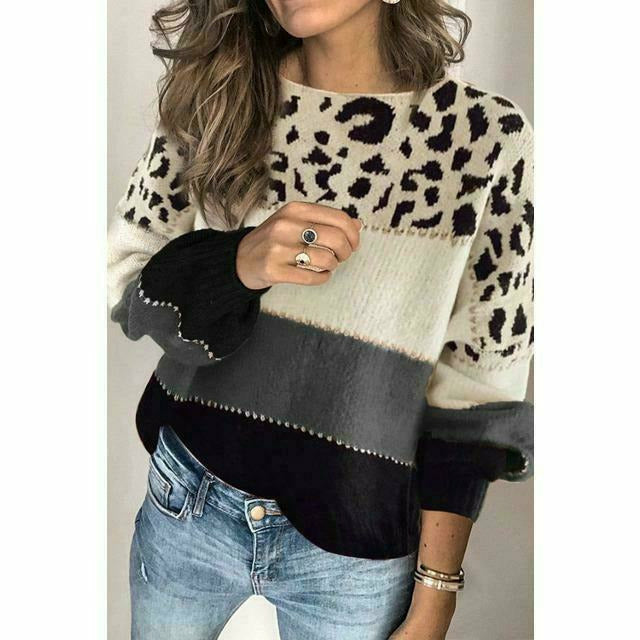 Damen-Patchwork-Pullover, Leopardendruck, Baumwolle, Polyester-5