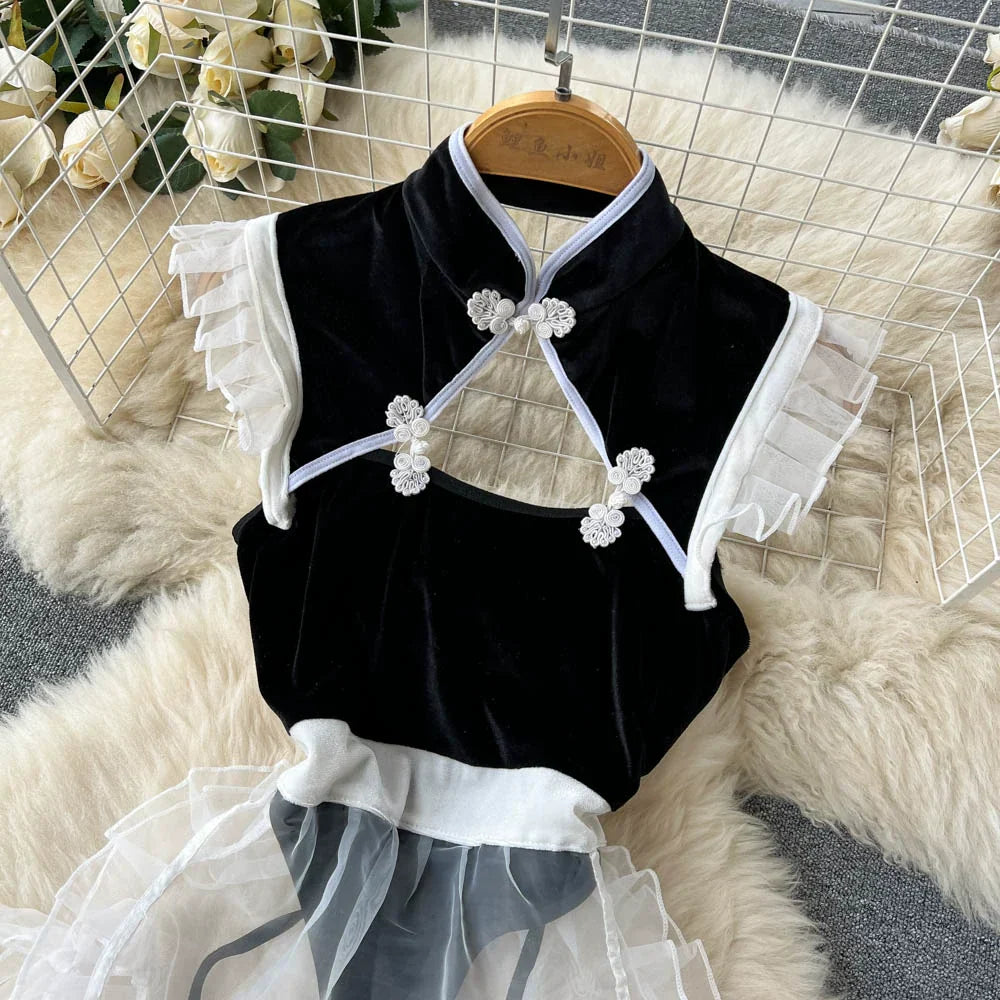 Damen-Kombi-Outfit, chinesischer Stil, Polyester, hohe Taille, leicht dehnbar 2