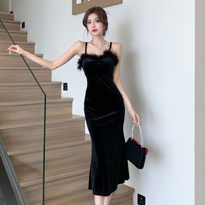 Damen-Midikleid, elegant Samt, V-Ausschnitt, offener Rücken-1