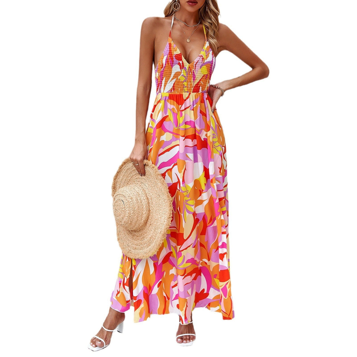 Damen-Kleid Geblümt Halterneck Lang Rayon 5