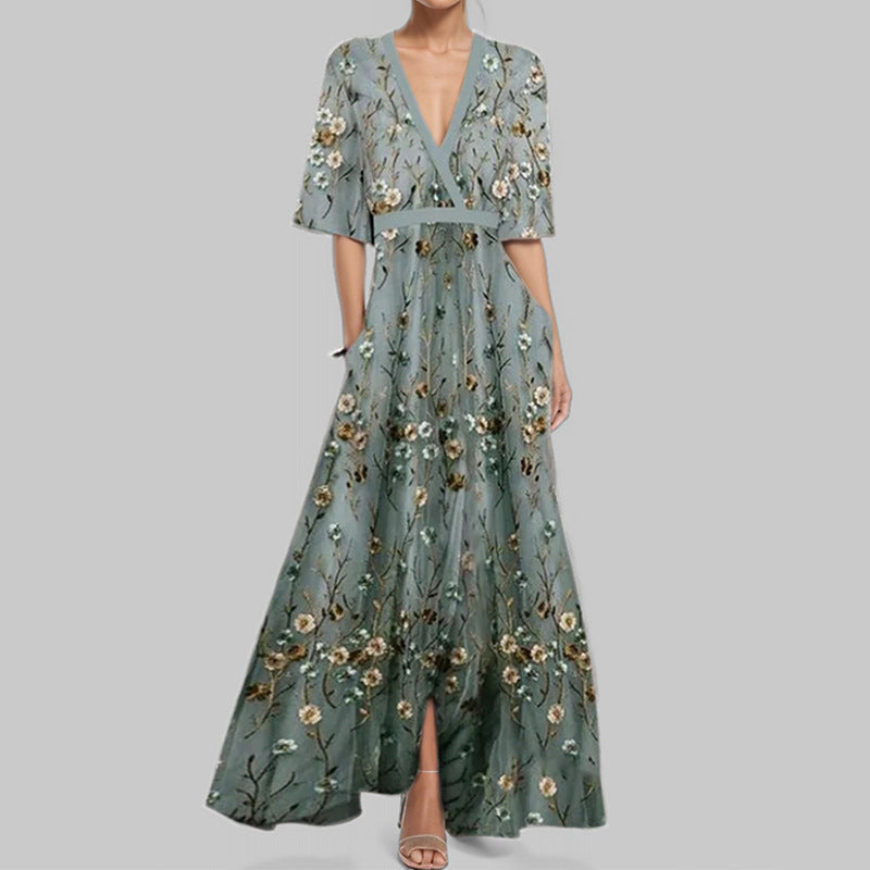 Variant image for Damen-Taillenkleid, V-Ausschnitt, Polyester, lang, halbärmlig, elegant-13