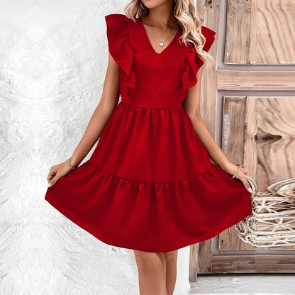 Damenkleid, ärmellos, mit V-Ausschnitt, Patchwork, kurz, aus Polyester-5