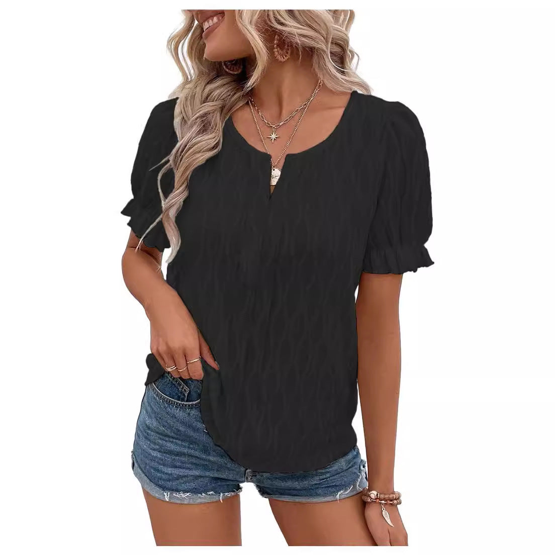 Damen-T-Shirt, Puffärmel, Jacquard, lockere Passform, Polyester-2