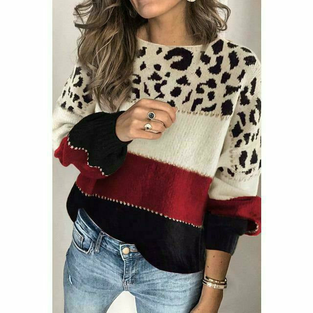 Damen-Patchwork-Pullover, Leopardendruck, Baumwolle, Polyester-2