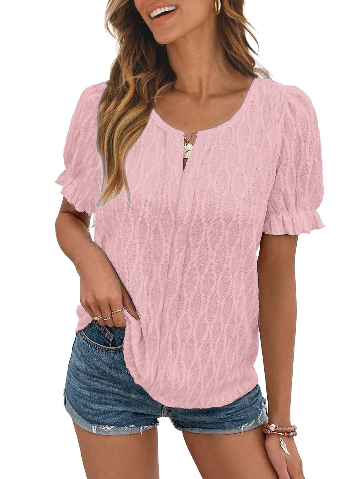 Variant image for Damen-T-Shirt, Puffärmel, Jacquard, lockere Passform, Polyester-51