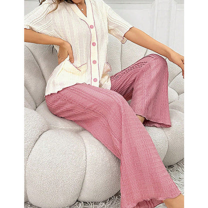 Damen-Pyjama-Set, V-Ausschnitt, kurzärmelig, Polyester mit langer Hose-3
