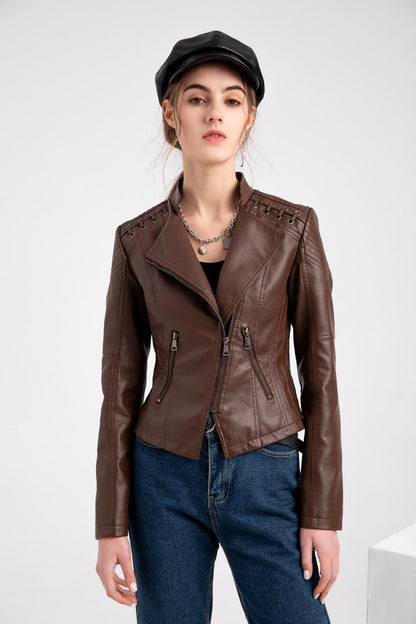Damen Bikerjacke Asymmetrischer Synthetikleder-5